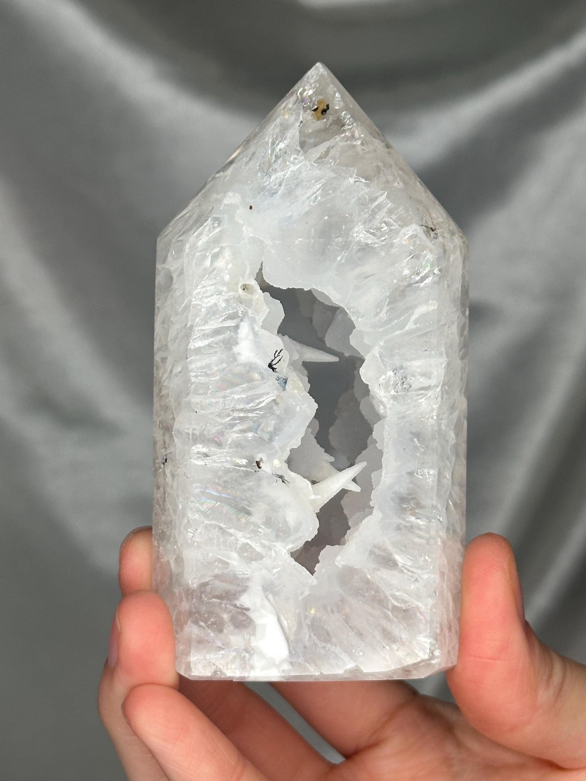 Quartz Tower with Dendritic & Iron Inclusions | Druzy Pocket with Dogtooth Calcite | Natural Inclusion Quartz Mineral Specimen