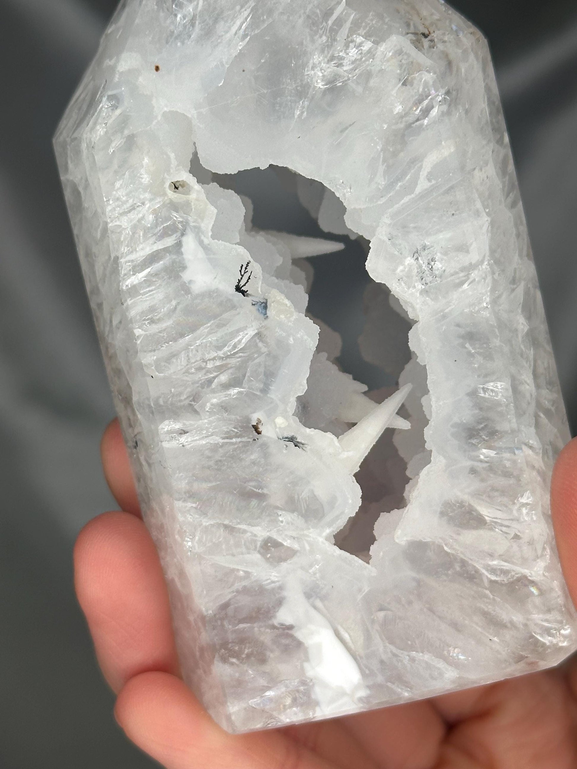 Quartz Tower with Dendritic & Iron Inclusions | Druzy Pocket with Dogtooth Calcite | Natural Inclusion Quartz Mineral Specimen