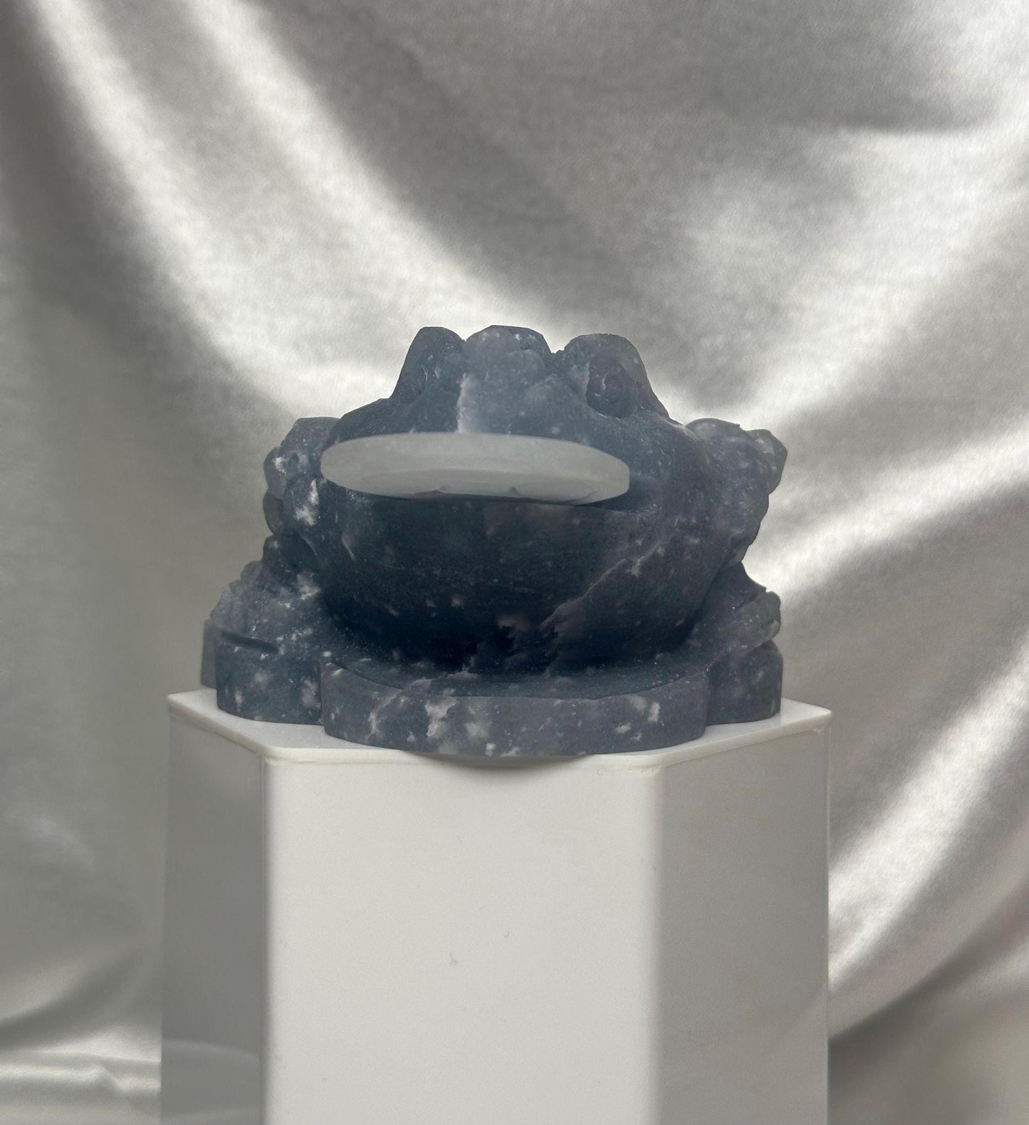 Snowflake Angelite Money Toad Carving w/ Removable Coin | Feng Shui Wealth Frog | Abundance & Prosperity Crystal Figurine