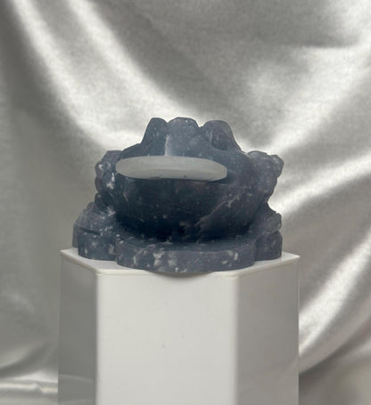 Snowflake Angelite Money Toad Carving w/ Removable Coin | Feng Shui Wealth Frog | Abundance & Prosperity Crystal Figurine
