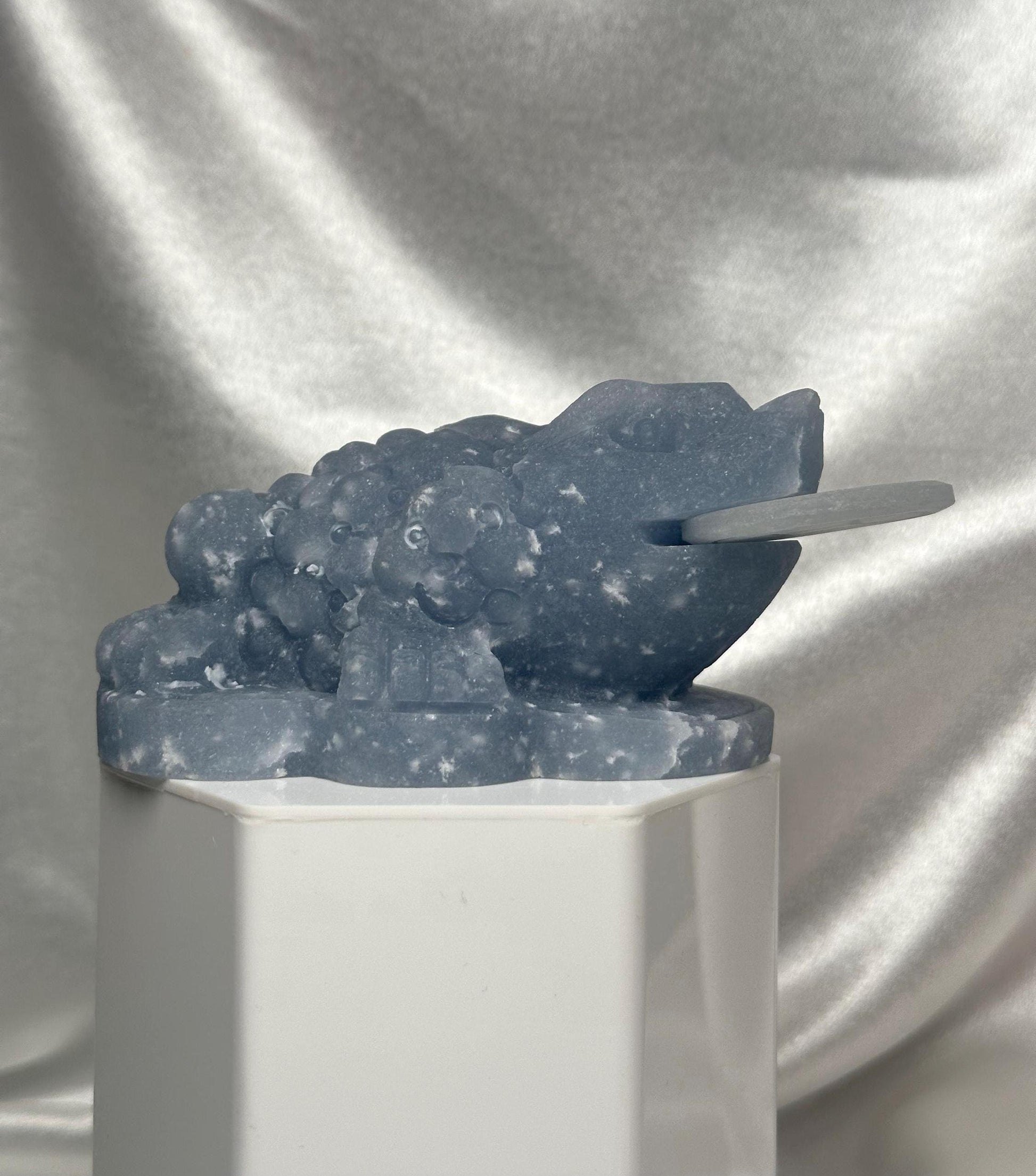 Snowflake Angelite Money Toad Carving w/ Removable Coin | Feng Shui Wealth Frog | Abundance & Prosperity Crystal Figurine