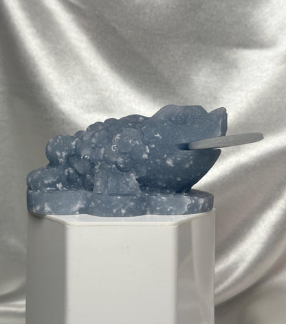 Snowflake Angelite Money Toad Carving w/ Removable Coin | Feng Shui Wealth Frog | Abundance & Prosperity Crystal Figurine