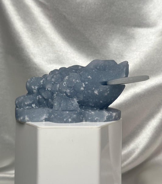 Snowflake Angelite Money Toad Carving w/ Removable Coin | Feng Shui Wealth Frog | Abundance & Prosperity Crystal Figurine