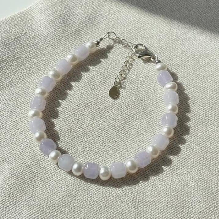 Lavender Jade Cube Cut Necklace with Freshwater Pearl | Natural Jade Beads | S925 Sterling Silver Extender Chain | Handmade Gemstone Jewelry