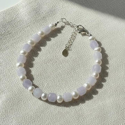 Lavender Jade Cube Cut Necklace with Freshwater Pearl | Natural Jade Beads | S925 Sterling Silver Extender Chain | Handmade Gemstone Jewelry