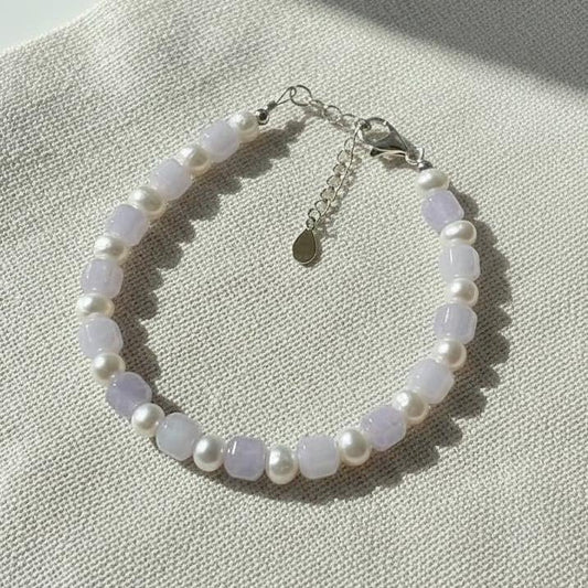Lavender Jade Cube Cut Necklace with Freshwater Pearl | Natural Jade Beads | S925 Sterling Silver Extender Chain | Handmade Gemstone Jewelry