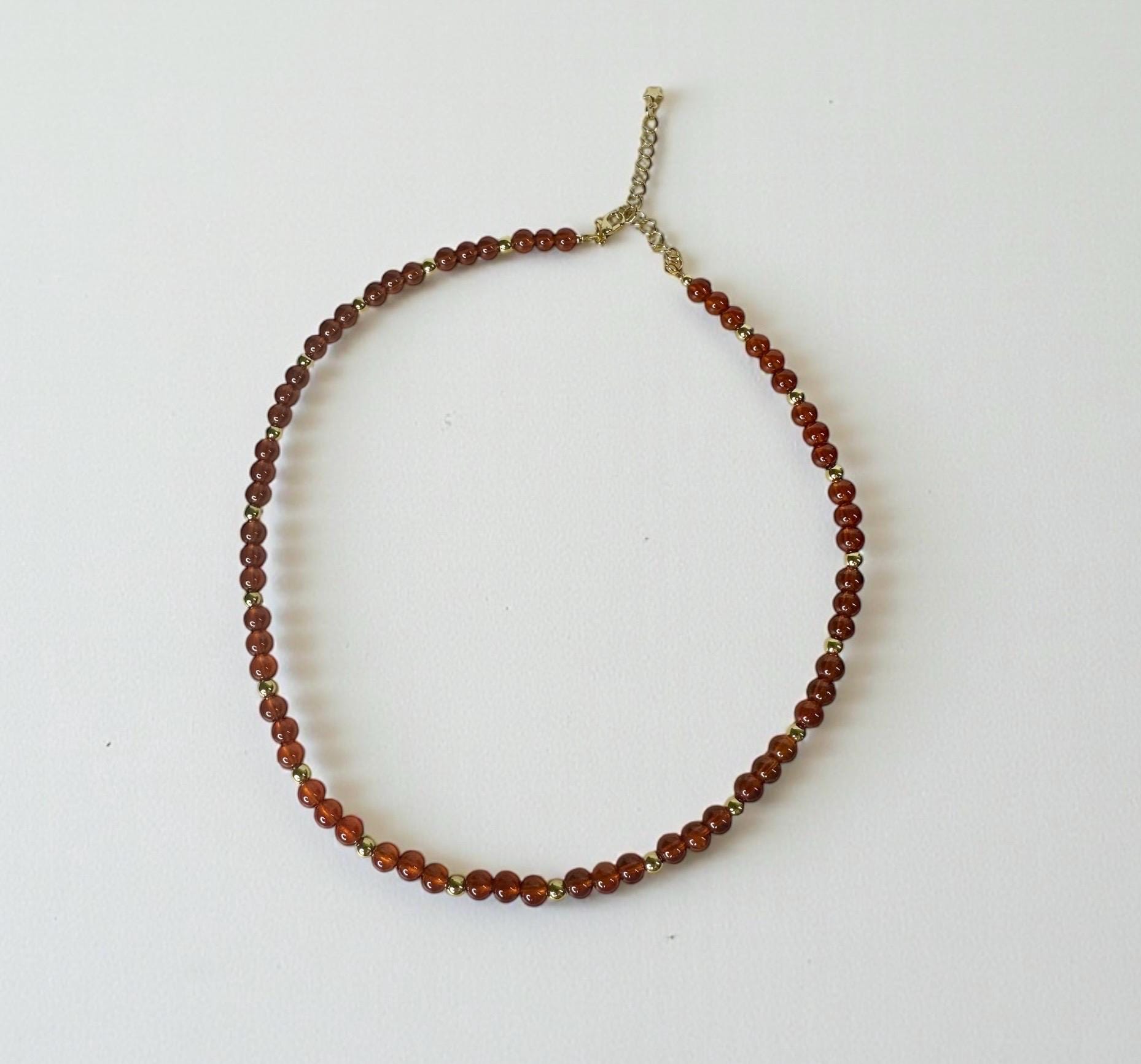 Spessartine Garnet Beaded Necklace | Natural Orange Garnet Beads | 14k Gold Plated Spacer Beads | Handmade Gemstone Necklace Jewelry