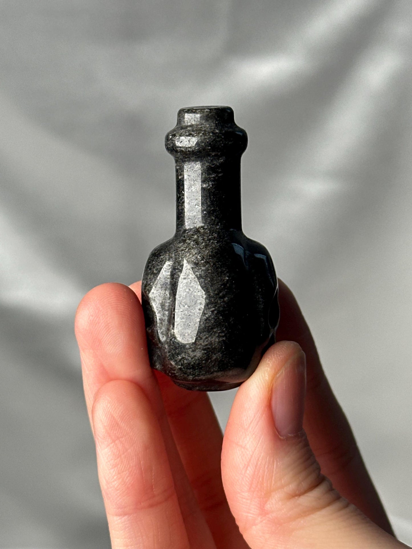 Silver Sheen Obsidian Potion Bottle Carving | Natural Obsidian Crystal Bottle Sculpture | Polished Stone Mini Carving for Collectors
