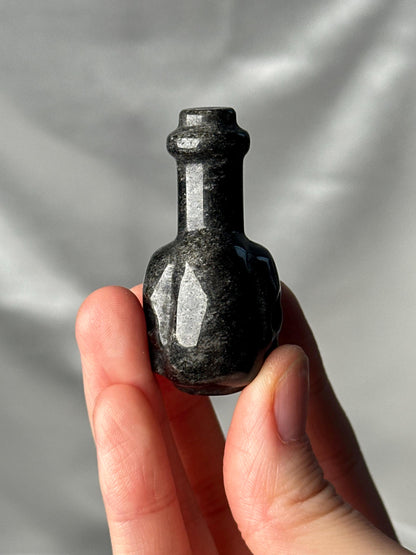 Silver Sheen Obsidian Potion Bottle Carving | Natural Obsidian Crystal Bottle Sculpture | Polished Stone Mini Carving for Collectors