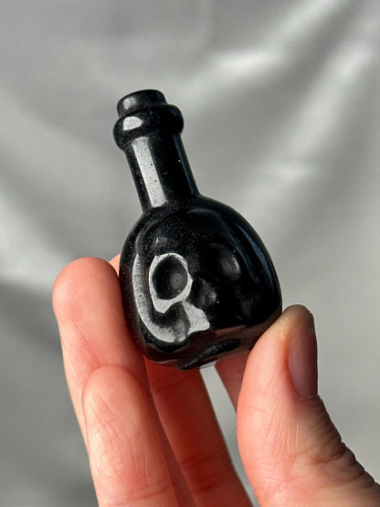 Silver Sheen Obsidian Potion Bottle Carving | Natural Obsidian Crystal Bottle Sculpture | Polished Stone Mini Carving for Collectors