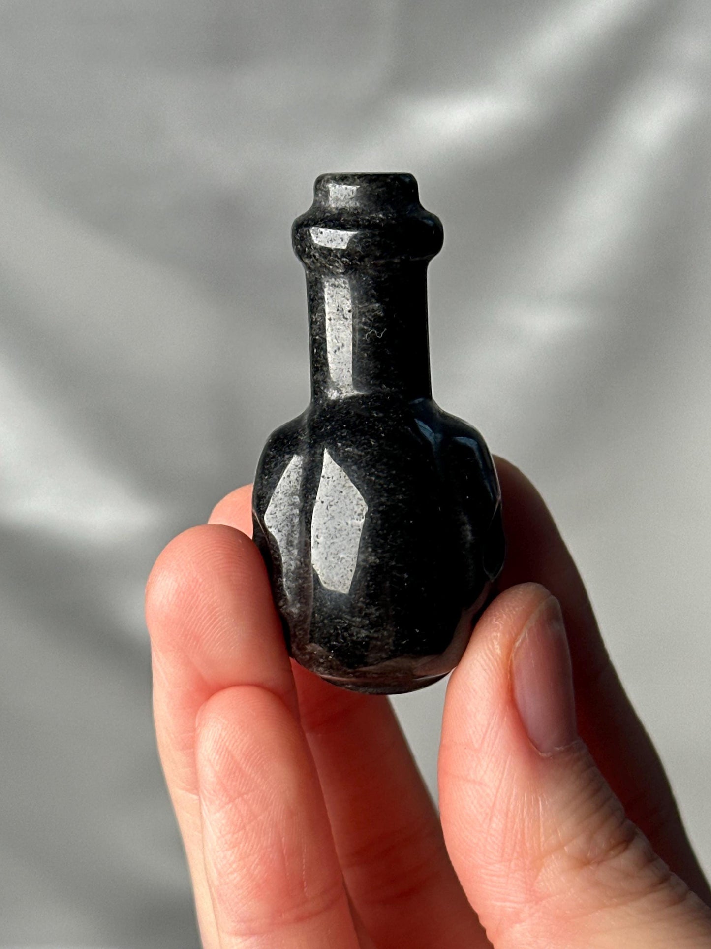 Silver Sheen Obsidian Potion Bottle Carving | Natural Obsidian Crystal Bottle Sculpture | Polished Stone Mini Carving for Collectors