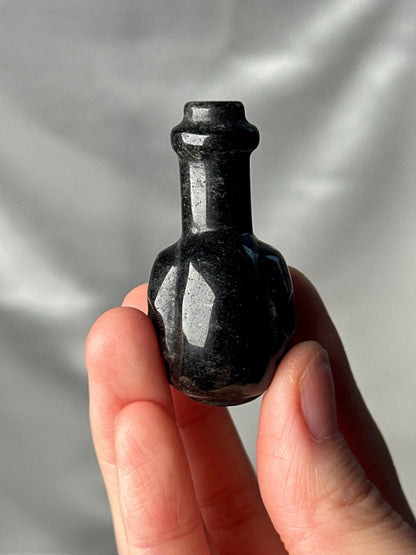 Silver Sheen Obsidian Potion Bottle Carving | Natural Obsidian Crystal Bottle Sculpture | Polished Stone Mini Carving for Collectors