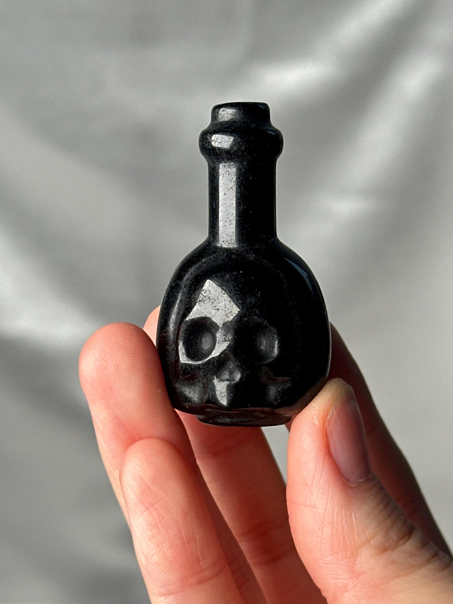 Silver Sheen Obsidian Potion Bottle Carving | Natural Obsidian Crystal Bottle Sculpture | Polished Stone Mini Carving for Collectors