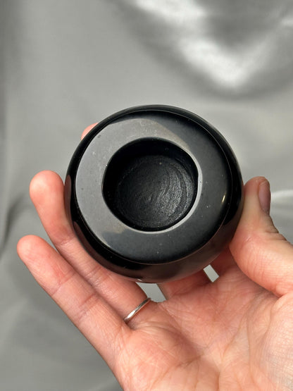Silver Sheen Obsidian Cauldron Carving | Natural Obsidian Stone Mini Cauldron Sculpture | Polished Volcanic Glass Specimen for Collectors