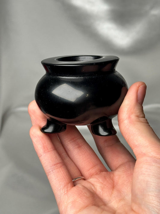 Silver Sheen Obsidian Cauldron Carving | Natural Obsidian Stone Mini Cauldron Sculpture | Polished Volcanic Glass Specimen for Collectors