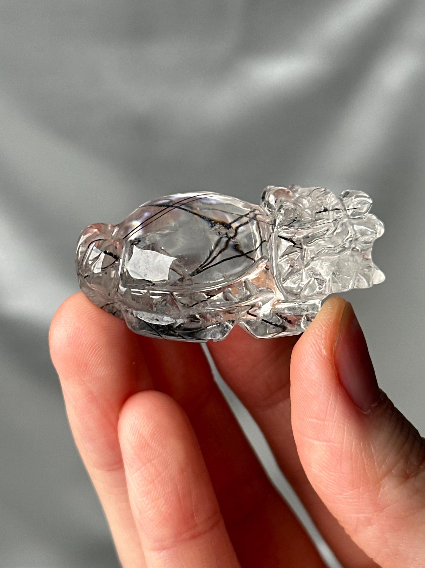 Black Tourmaline in Clear Quartz Lóngguī Carving | Natural Inclusion Quartz Dragon Turtle Sculpture | Polished Crystal Figurine