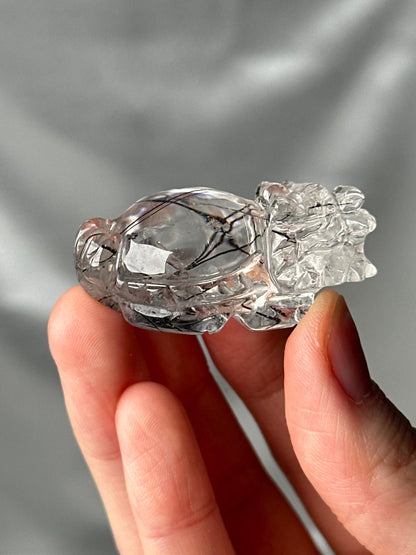 Black Tourmaline in Clear Quartz Lóngguī Carving | Natural Inclusion Quartz Dragon Turtle Sculpture | Polished Crystal Figurine