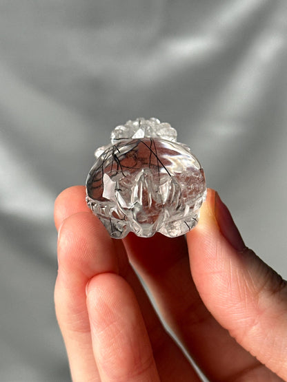 Black Tourmaline in Clear Quartz Lóngguī Carving | Natural Inclusion Quartz Dragon Turtle Sculpture | Polished Crystal Figurine