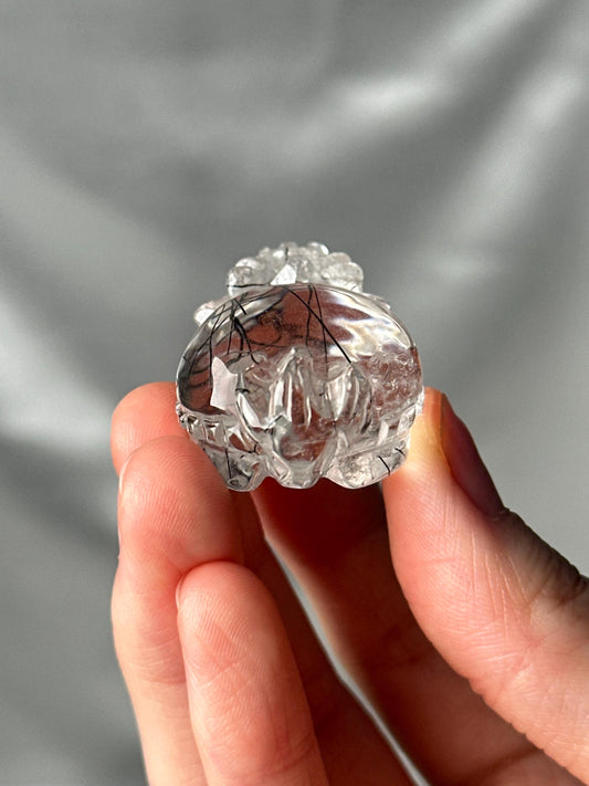 Black Tourmaline in Clear Quartz Lóngguī Carving | Natural Inclusion Quartz Dragon Turtle Sculpture | Polished Crystal Figurine