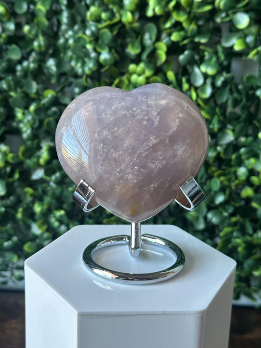 Blue Rose Quartz Heart with Metal Stand | Natural Quartz Crystal Heart Display | Polished Stone Decor Piece for Collectors & Home Shelves