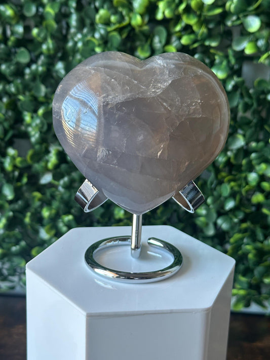 Blue Rose Quartz Heart with Metal Stand | Natural Quartz Crystal Heart Display | Polished Stone Decor Piece for Collectors & Home Shelves