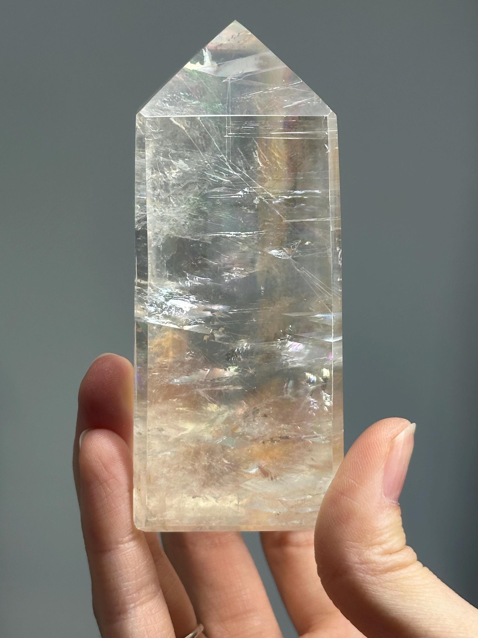 Optical Calcite Tower | Natural Clear Calcite Crystal Point | Polished Standing Iceland Spar Mineral Specimen for Collectors Display Decor