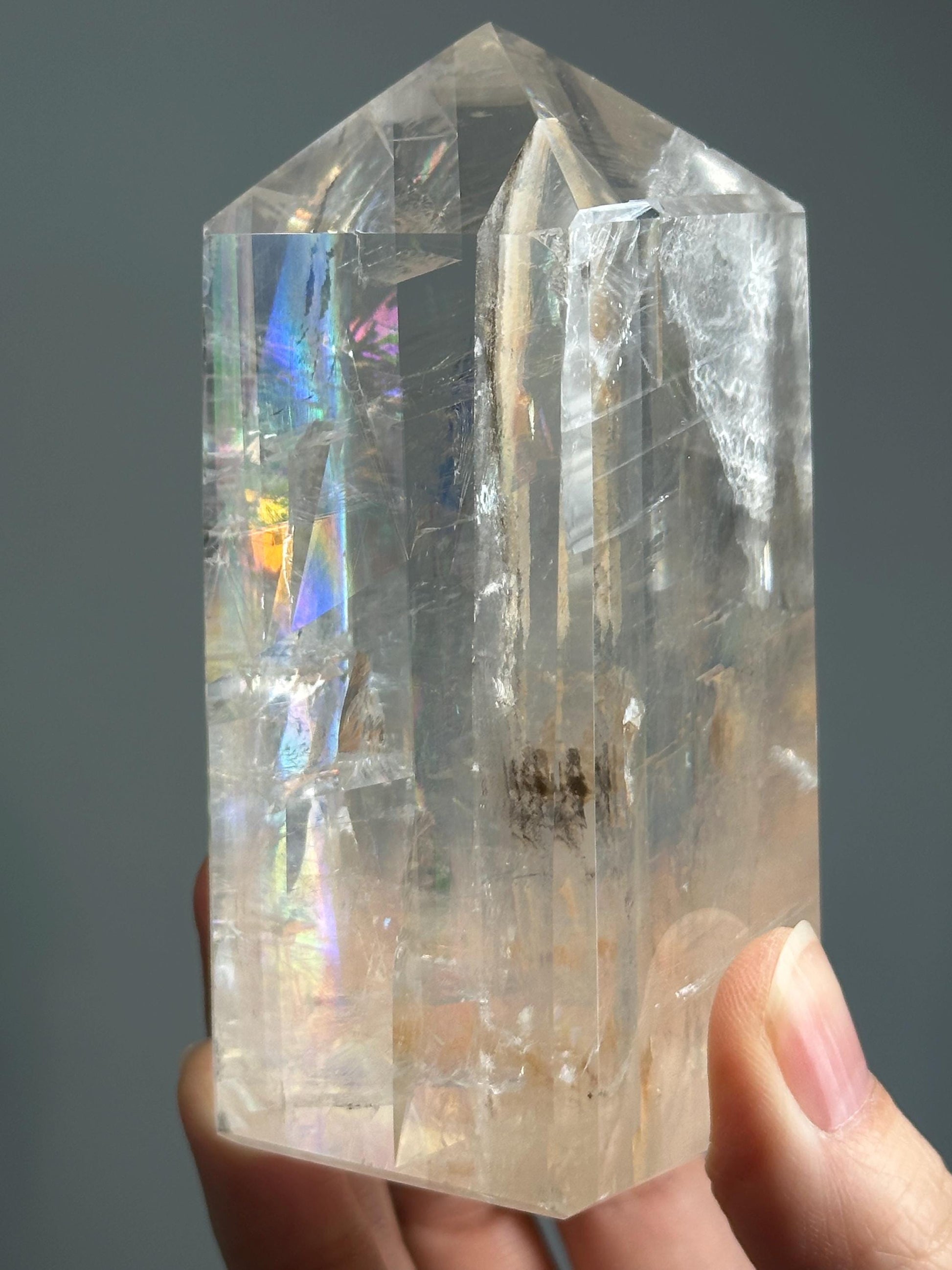 Optical Calcite Tower | Natural Clear Calcite Crystal Point | Polished Standing Iceland Spar Mineral Specimen for Collectors Display Decor