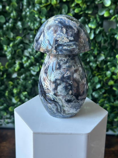 Sea Jasper Mushroom Carving | Natural Ocean Jasper Stone Sculpture | Polished Crystal Mushroom Mineral Specimen for Collectors Display Decor