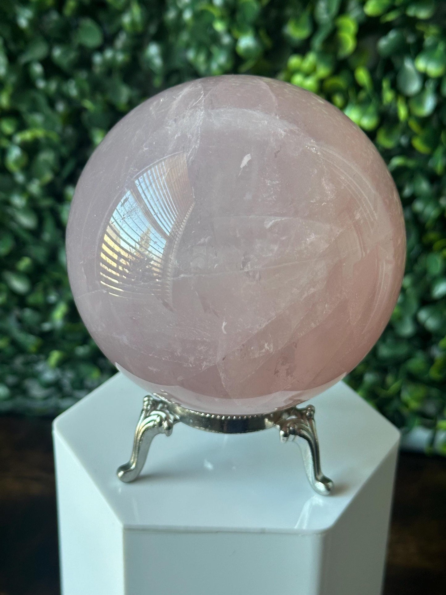 Moody Large Rose Quartz Sphere – Polished Pink Crystal Orb of Love, Gentle Heart Chakra Stone, Decor, Meditation, or Gift Display