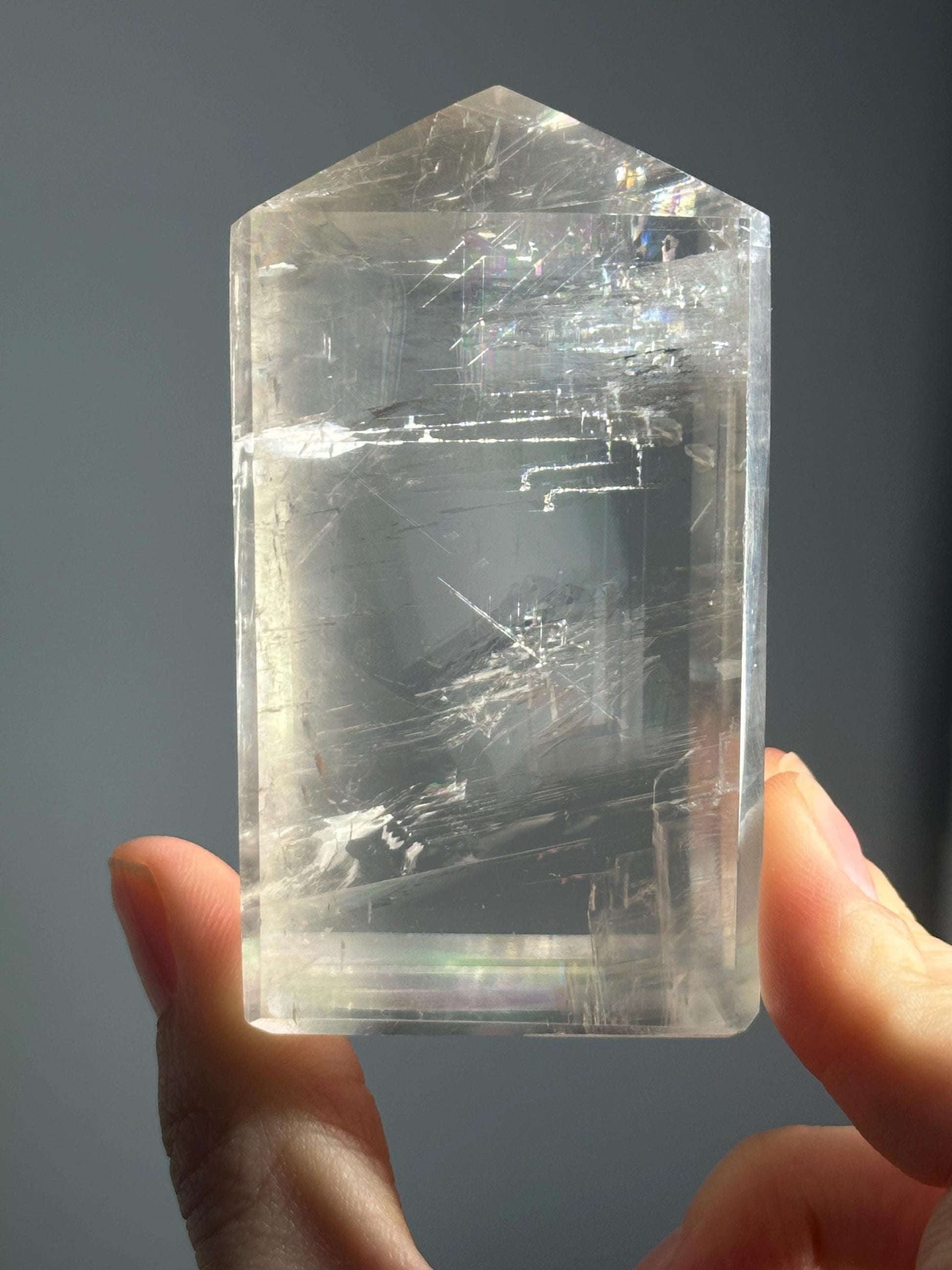 Optical Calcite Tower | Natural Clear Calcite Crystal Point | Polished Standing Iceland Spar Mineral Specimen for Collectors Display Decor