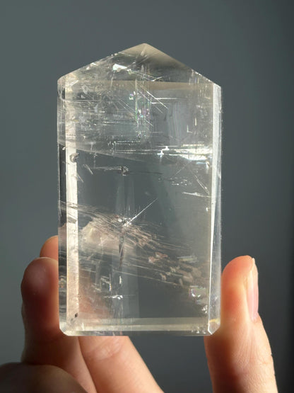 Optical Calcite Tower | Natural Clear Calcite Crystal Point | Polished Standing Iceland Spar Mineral Specimen for Collectors Display Decor