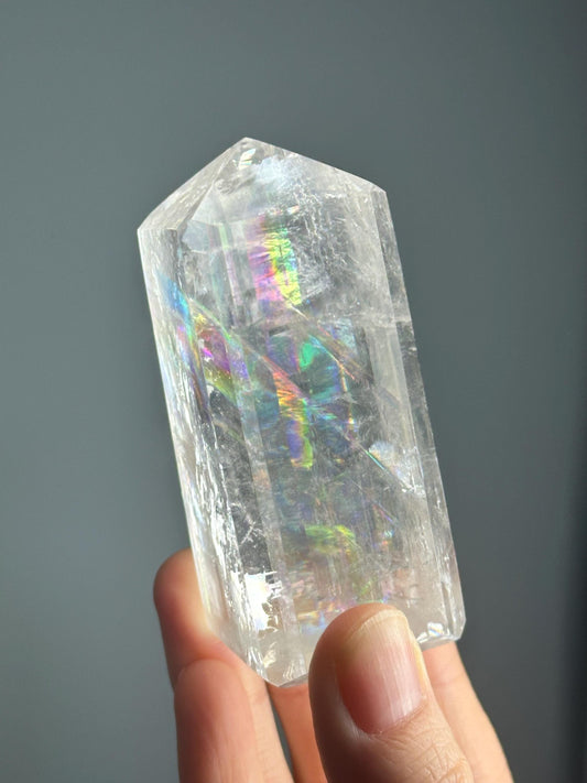 Optical Calcite Tower | Natural Clear Calcite Crystal Point | Polished Standing Iceland Spar Mineral Specimen for Collectors Display Decor