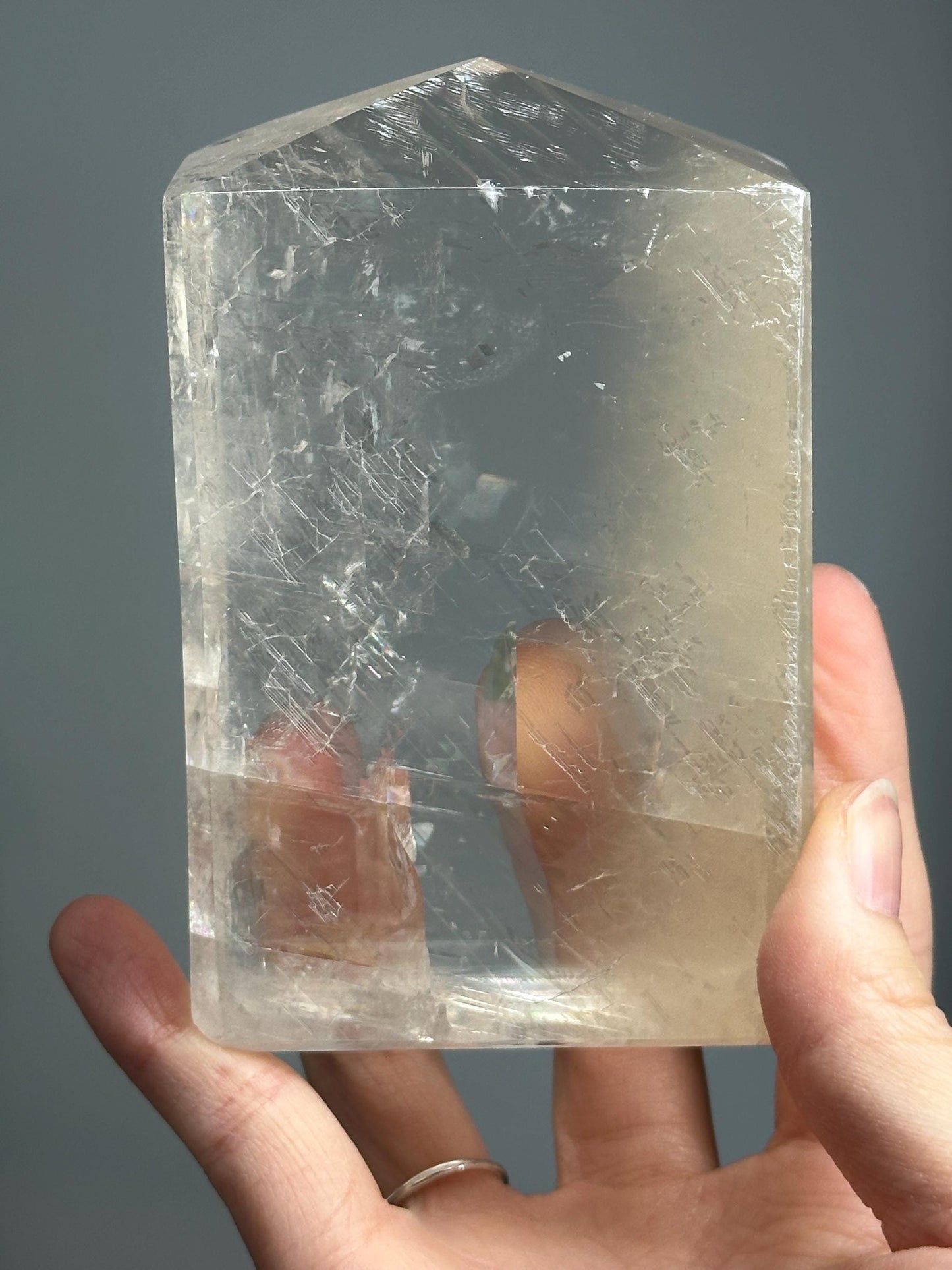 Optical Calcite Tower | Natural Clear Calcite Crystal Point | Polished Standing Iceland Spar Mineral Specimen for Collectors Display Decor