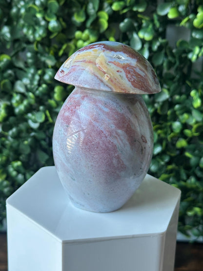 Sea Jasper Mushroom Carving | Natural Ocean Jasper Stone Sculpture | Polished Crystal Mushroom Mineral Specimen for Collectors Display Decor