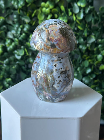 Sea Jasper Mushroom Carving | Natural Ocean Jasper Stone Sculpture | Polished Crystal Mushroom Mineral Specimen for Collectors Display Decor