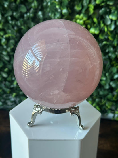 Moody Large Rose Quartz Sphere – Polished Pink Crystal Orb of Love, Gentle Heart Chakra Stone, Decor, Meditation, or Gift Display