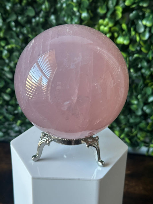 Moody Large Rose Quartz Sphere – Polished Pink Crystal Orb of Love, Gentle Heart Chakra Stone, Decor, Meditation, or Gift Display