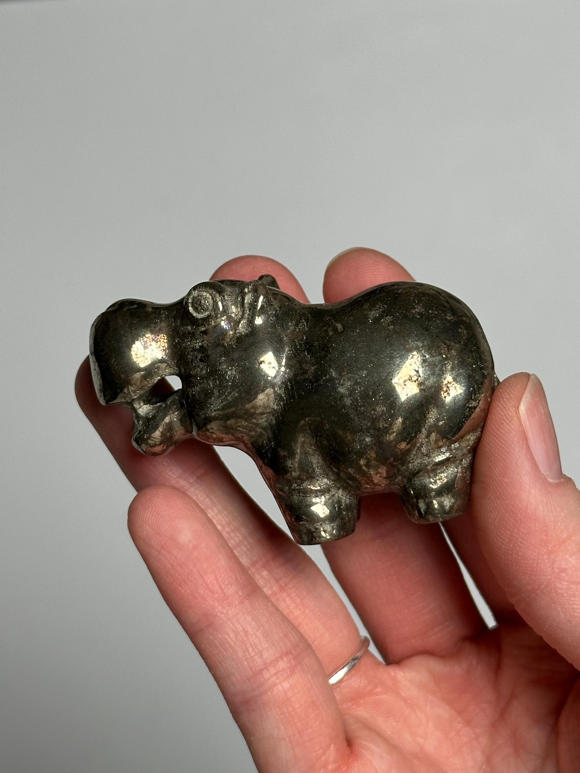 Pyrite Hippo Carving | Natural Pyrite Stone Hippopotamus Sculpture | Metallic Mineral Animal Figurine for Collectors Display Decor