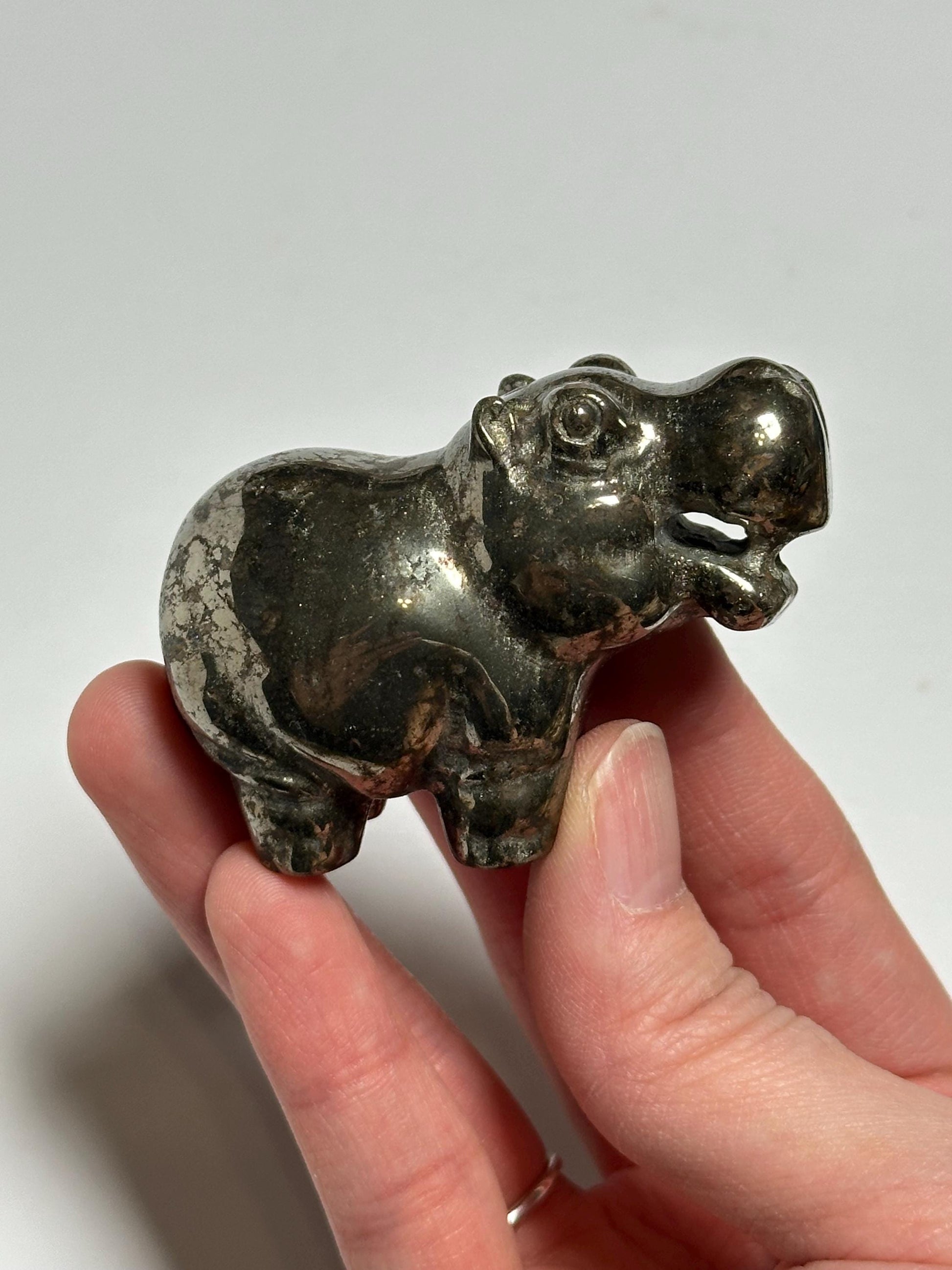 Pyrite Hippo Carving | Natural Pyrite Stone Hippopotamus Sculpture | Metallic Mineral Animal Figurine for Collectors Display Decor