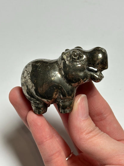 Pyrite Hippo Carving | Natural Pyrite Stone Hippopotamus Sculpture | Metallic Mineral Animal Figurine for Collectors Display Decor