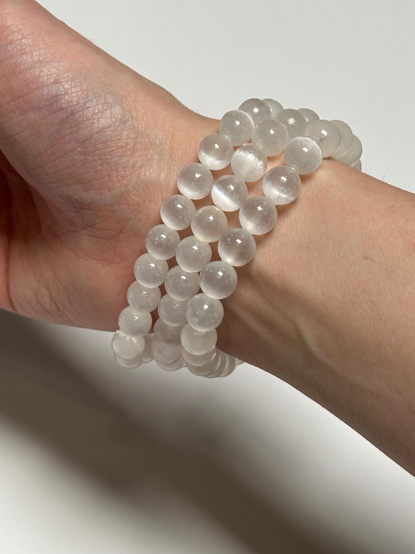 Selenite Bracelet | Natural White Selenite Crystal Beaded Jewelry | Polished Mineral Wrist Accessory for Collectors Fashion Display