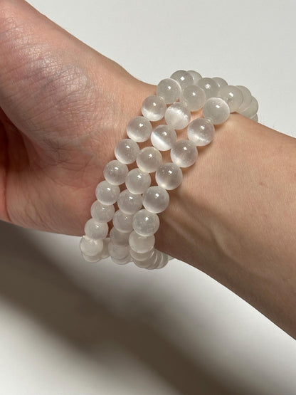 Selenite Bracelet | Natural White Selenite Crystal Beaded Jewelry | Polished Mineral Wrist Accessory for Collectors Fashion Display