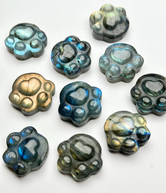 Mini Labradorite Paw Print Carving | Natural Lab Stone Animal Sculpture | Small Crystal Pawprint Figurine for Collectors Display Decor