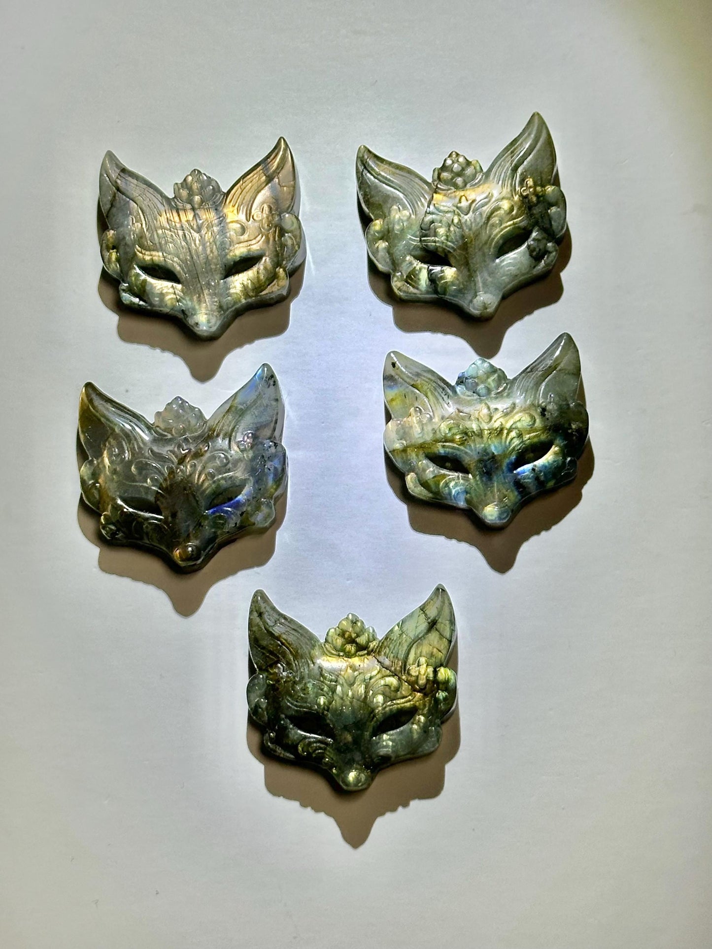 Mini Labradorite Kitsune Mask Carving - YOU PICK! | Natural Labradorite Fox Spirit Sculpture | Polished Stone Fantasy Figurine Display Decor