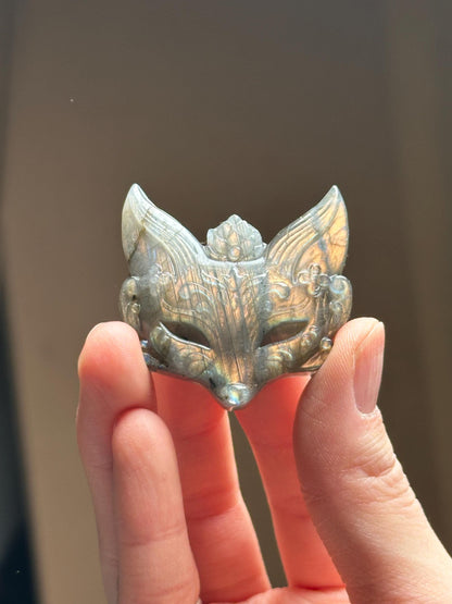 Mini Labradorite Kitsune Mask Carving - YOU PICK! | Natural Labradorite Fox Spirit Sculpture | Polished Stone Fantasy Figurine Display Decor
