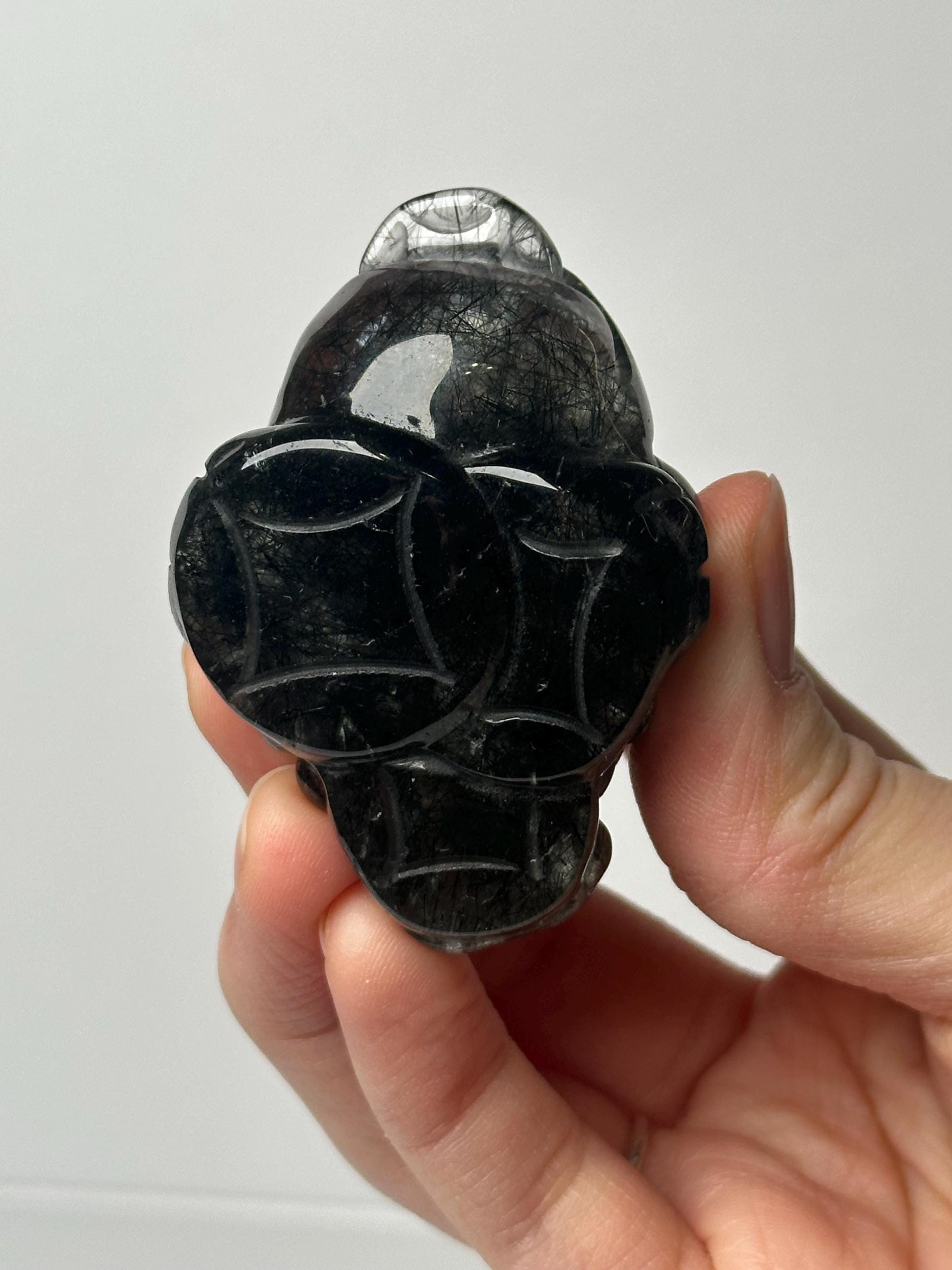 Black Rutile Money Frog Carving | Quartz with Dark Rutile Inclusions | Three Legged Toad Figurine for Collectors Display Decor