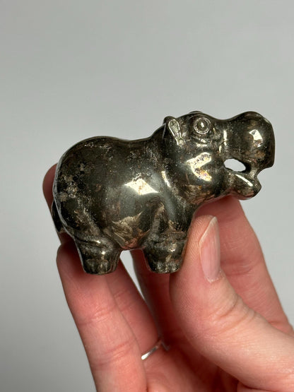 Pyrite Hippo Carving | Natural Pyrite Stone Hippopotamus Sculpture | Metallic Mineral Animal Figurine for Collectors Display Decor