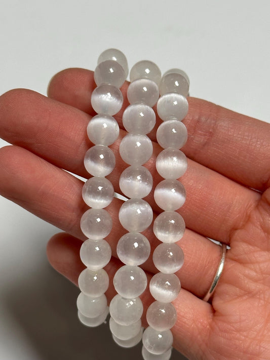 Selenite Bracelet | Natural White Selenite Crystal Beaded Jewelry | Polished Mineral Wrist Accessory for Collectors Fashion Display