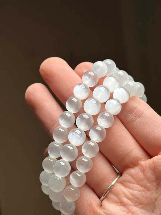 Selenite Bracelet | Natural White Selenite Crystal Beaded Jewelry | Polished Mineral Wrist Accessory for Collectors Fashion Display