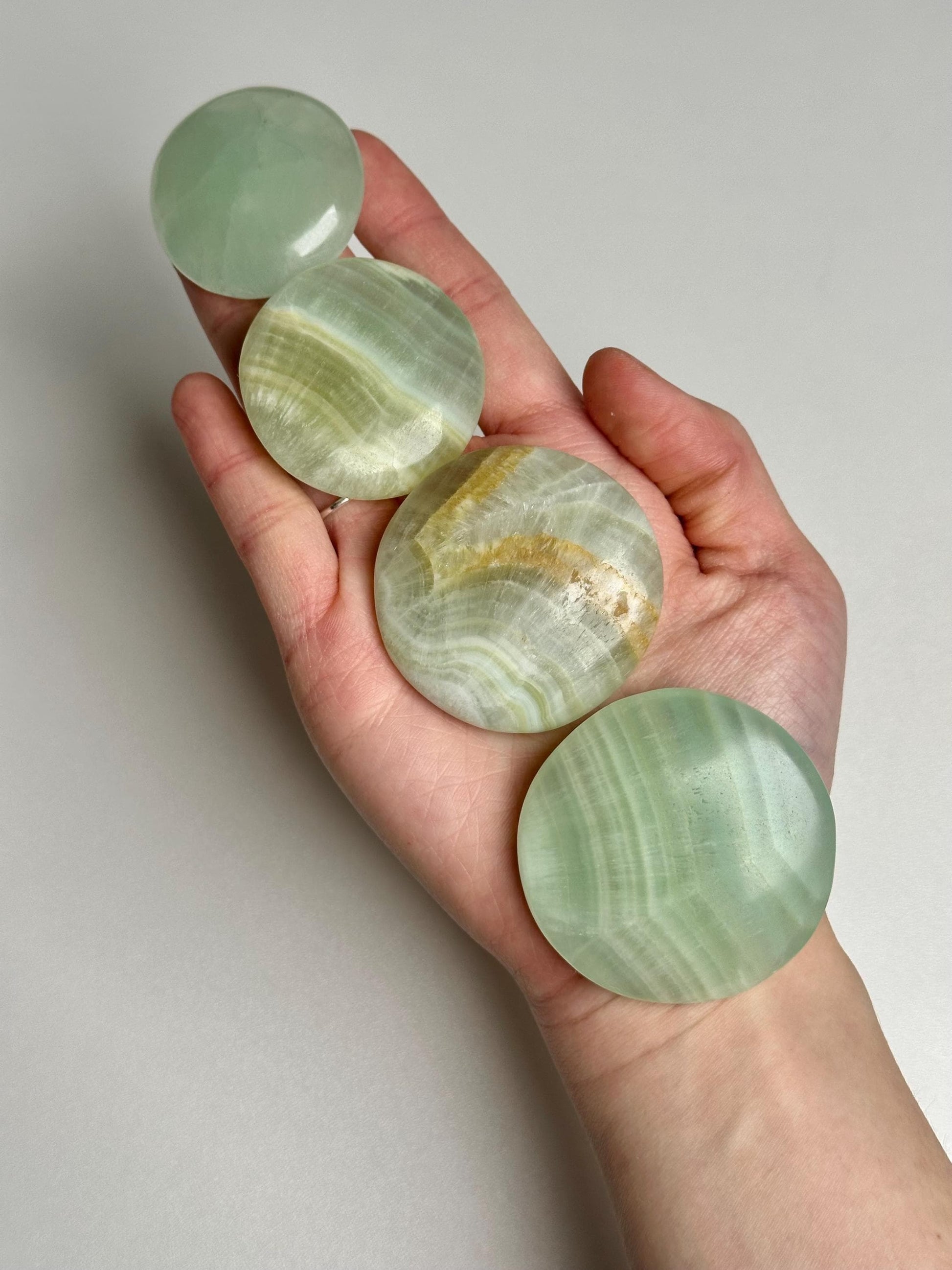 Pistachio Calcite Palmstone | Natural Green Calcite Hand Stone | Polished Mineral Specimen for Collectors Display Decor Accent
